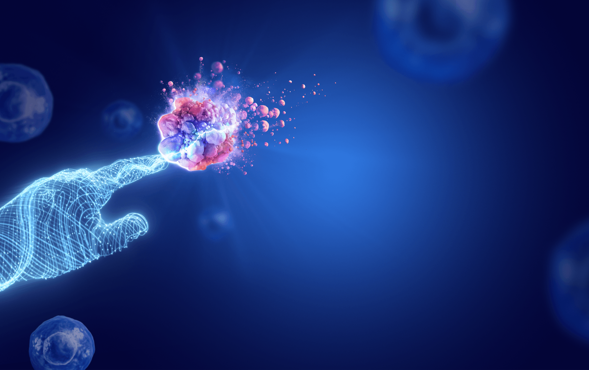 Illustration of a digital hand touching a cancer cell, representing advanced treatment technology.